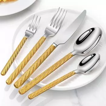 Популярная посуда из нержавеющей стали 304 с узором из пеньковой веревки, набор из 5 предметов для отеля, нож для стейка в стиле ретро, вилка и ложка в западном стиле