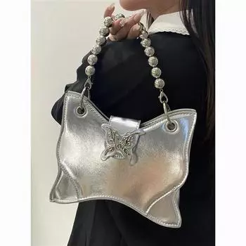Популярная Премиум Потрясающая Сумка Бабочка 2024 Spice Girl Маленькая Квадратная Сумка Милая Крутая Маленькая Черная Универсальная Маленькая Сумка для Путешествий серебряный