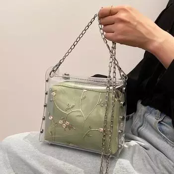 Популярная прозрачная сумка через плечо с цепочкой, женская мода, дикий досуг, маленькая квадратная упаковка, корейская версия, трендовые женские сумки Mini(Max Length<20cm)