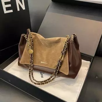 Популярная ретро-модная большая сумка-тоут для подмышек, женская сумка 2024 года, новая осенне-зимняя простая сумка-мессенджер через плечо с цепочкой чёрный