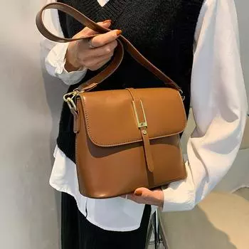 Популярная ретро сумка через плечо женская осень зима новый тренд все матч премиум плечевые сумки-ведра чистый цвет PU кожа пакет (20cm<Max Length<30cm)