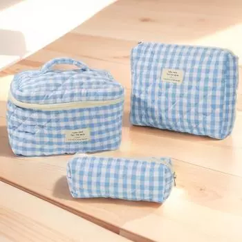Популярная сумка для туалетных принадлежностей из 3 предметов на молнии, портативная хлопковая стеганая сумка в клетку для женщин и девочек, органайзер, большая вместимость, милая дорожная сумка жёлтый