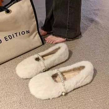 Популярная удобная женская обувь, новая шерстяная обувь 2024 года, женская зимняя мода, теплые туфли на плоской подошве из хлопка с жемчугом, Zapatos Mujer 35