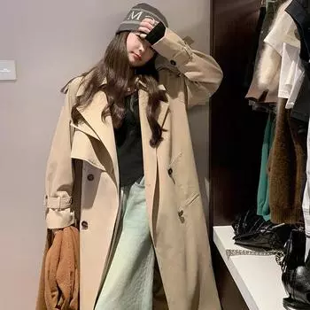Популярная в этом году куртка-ветровка цвета хаки для женщин, весна и осень, новый корейский стиль, повседневный иностранный стиль, длинное пальто длиной до колена XS