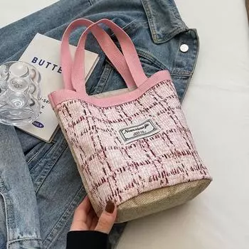 Популярная в этом году льняная сумка-ведро, женская модная плетеная сумка, женская универсальная модная сумка для хранения розовый