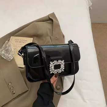 Популярная в этом году женская сумка 2025 лето новая сумка через плечо с бриллиантами из лакированной кожи глянцевая сумка-мессенджер тренд 23*5*13 чёрный
