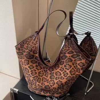 Популярная вместительная сумка с леопардовым принтом, женская сумка через плечо для поездок на работу, сумка-ведро. коричневый