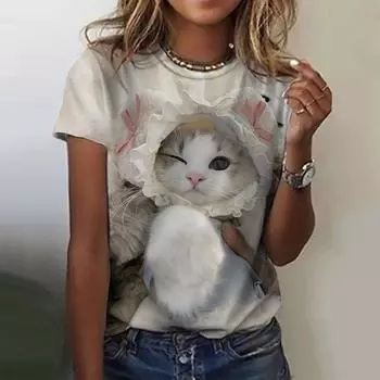 Популярная женская футболка с 3D-принтом, кошка, летняя мода, короткий рукав, круглый вырез, уличная одежда, повседневный топ в стиле Харадзюку S