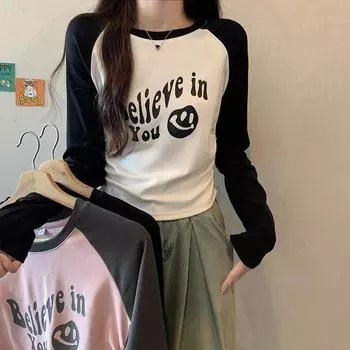 Популярная женская футболка с круглым вырезом, длинным рукавом, плиссированной талией и принтом на талии, с принтом на раннюю осень S