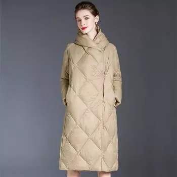Популярная женская куртка-пуховик с ромбовидной сеткой 2024 года, новая средняя и длинная выше колена, простая теплая куртка для женщин прилив S хаки