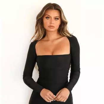 Популярная женская одежда осень и зима с длинными рукавами, квадратным вырезом, облегающим бедра, сексуальное платье S