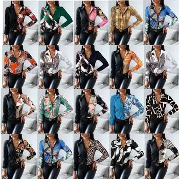 Популярная женская рубашка в стиле ретро с цветными блоками, длинными рукавами и V-образным вырезом на осень и зиму S