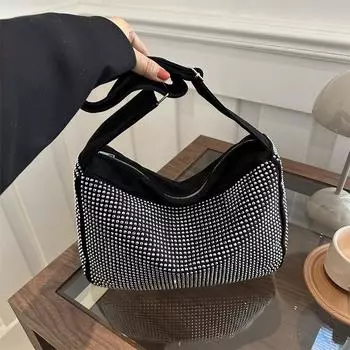 Популярная женская сумка через плечо с бриллиантовой инкрустацией 2024 года, новая повседневная сумка-тоут в иностранном стиле большой вместимости на весну и лето, модная женская сумка-мессенджер серебряный