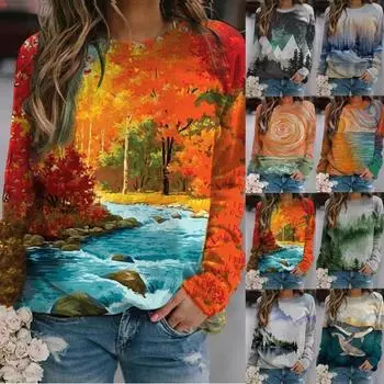 Популярная женская толстовка с капюшоном с длинными рукавами и цифровым принтом 3D-пейзажа для женщин S