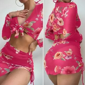 Популярное бикини с разрезом, 4 шт./компл., пляжная одежда с длинными рукавами, эластичный женский купальник с принтом, пляжные аксессуары L чёрный