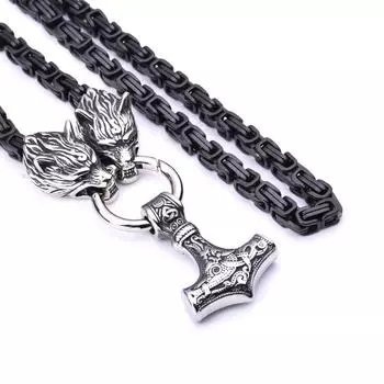 Популярное мужское ожерелье из нержавеющей стали с головой волка викингов, Молот Тора, ожерелье, императорская цепочка, ожерелье 40CM