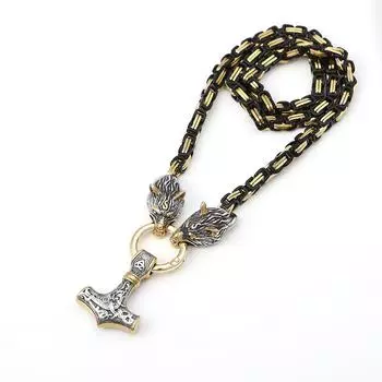 Популярное ожерелье с подвеской в виде головы волка викингов, молотка Тора, золотая и черная цепочка византийского императора 50CM