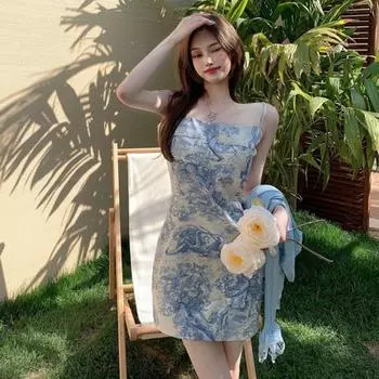 Популярное прохладное быстросохнущее летнее мини-платье без рукавов с рисунком дерева, уличная одежда XL синий
