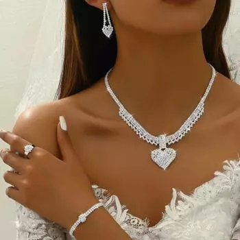 Популярное серебряное ожерелье с большой любовью и стразами, серьги, комплект украшений для дам, свадебная вечеринка, подарок на День святого Валентина