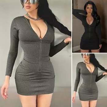 Популярное сексуальное платье с застежкой-молнией спереди, эластичное платье L чёрный