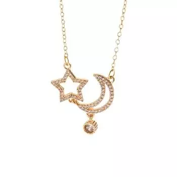 Популярное стильное универсальное ожерелье с подвеской в виде звезды и луны из нержавеющей стали с цирконом