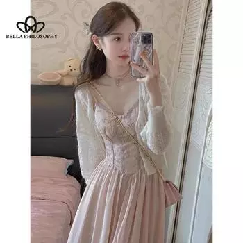 Популярное весенне-летнее красивое красивое розовое платье на бретельках с цветочным принтом, белый кардиган с длинными рукавами, костюм-двойка S розовый