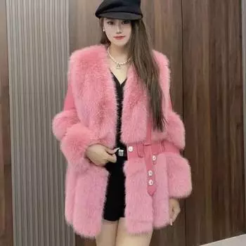 Популярное женское пальто из лисьего меха 2024 года, новое осенне-зимнее толстое пальто, модное, универсальное, теплое, зимнее Small size 90-65kg