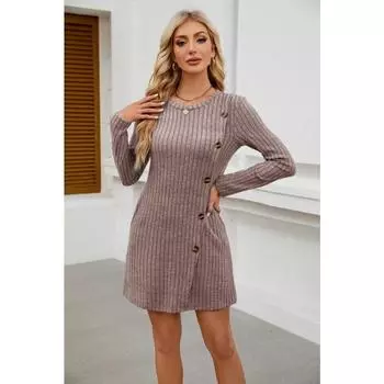 Популярное женское платье с круглым вырезом, боковыми карманами на пуговицах, длинными рукавами и завязками на талии S розовый