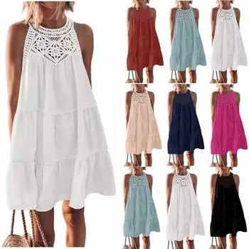 Популярное женское платье-трапеция с кружевом и вырезом-стойкой, весна-лето S белый