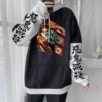 Популярные аниме Demon Slayer Kamado Tanjirou с графическим принтом и капюшоном для мужчин и женщин, толстовки больших размеров в стиле пэчворк, уличная одежда, Harajuku, унисекс, толстовка L чёрный