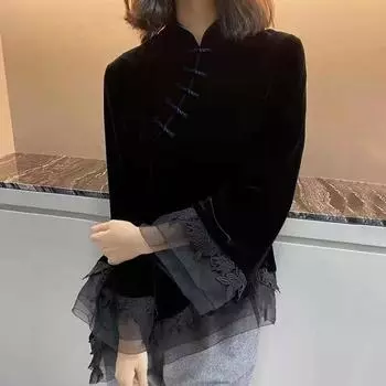 Популярные блузки, женские блузки в китайском стиле, винтажные воротники-стойки, эстетичные ретро лоскутные женские блузки с длинными рукавами, темпераментные шик XXXL чёрный