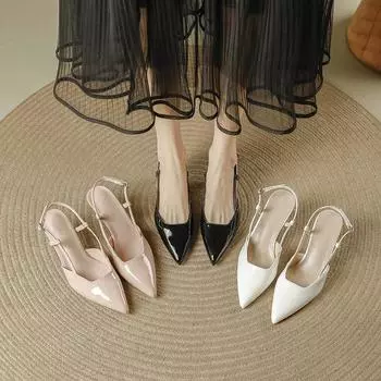 Популярные босоножки на тонком каблуке, летняя мода 2024 года, темпераментные, универсальные, лакированные, телесного цвета, с тонким каблуком, женские босоножки с сумкой на голове 34