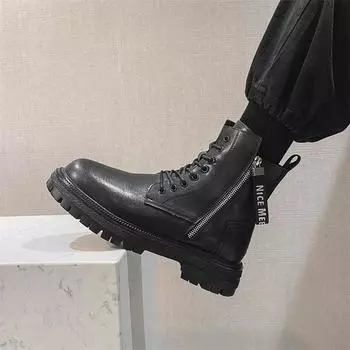 Популярные брендовые мужские классические кожаные ботинки Мужские трендовые высокие ботинки Мужские рабочие ботинки на толстой подошве Мужские рыцарские ботинки 38 чёрный
