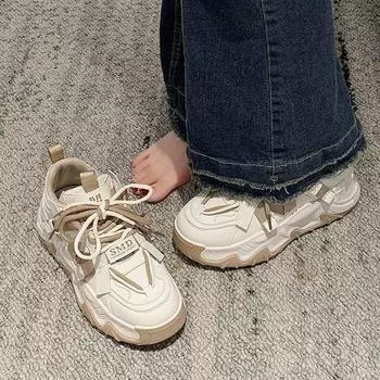 Популярные кожаные туфли для пап на толстой подошве, женская весна 2025, новые популярные цветные студенческие спортивные и повседневные туфли на шнуровке 35 чёрный