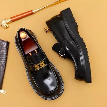 Популярные кожаные туфли с большой головой, мужские кожаные глянцевые деловые повседневные модные туфли с широкой ногой и толстой подошвой, модельные туфли с одной педалью 41 коричневый