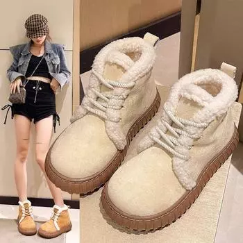 Популярные кремово-белые зимние ботинки женские зимние 2024 новые утепленные ворсистые ботинки на толстой подошве из пушистого хлопка 35