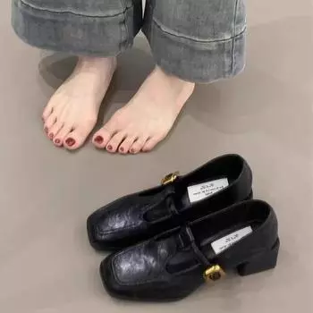 Популярные квадратные мокасины одинарные туфли женские 2024 осень новые маленькие ароматные стильные универсальные туфли для поездок на работу толстый каблук увеличивающий рост маленькие кожаные туфли 35 чёрный