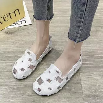 Популярные летние туфли-одиночки, сетчатые туфли, повседневные туфли из ткани с сеткой на плоской подошве, туфли с мелкой горловиной и мягкой подошвой в горошек, цветные женские туфли 35 белый