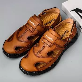 Популярные мужские римские сандалии из натуральной кожи, классические черные сандалии с нескользящей резиновой подошвой, плоские пляжные шлепанцы, мужские тапочки, большие размеры 38-48 38 коричневый