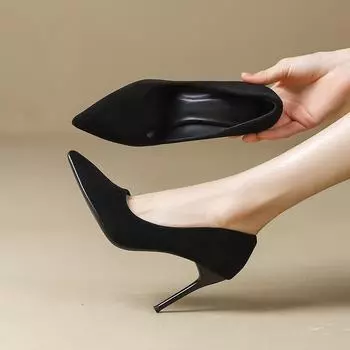 Популярные новые женские туфли на высоком каблуке-шпильке черного цвета из замши 2024 года, идеально подходящие для осенне-зимней моды. Heel height 5 cm, size 40 абрикосовый