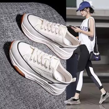 Популярные парусиновые туфли маленькие белые женские туфли 2024 осень дышащие новые весенние повседневные туфли на толстой подошве тонкие доски знаменитости Интернет 35