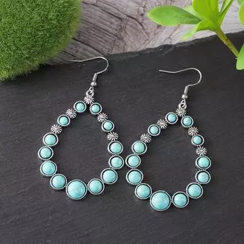 Популярные полые серьги в богемном этническом стиле, серьги с цветком и бирюзой в форме капли воды в стиле ретро