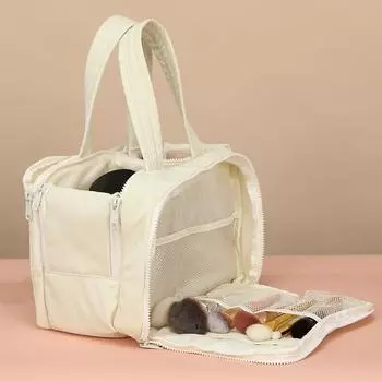 Популярные пухлые однотонные сумки для хранения Широко открытые дорожные косметички Сумки для туалетных принадлежностей большой вместимости Легкая косметичка Сумки-органайзеры бежевый