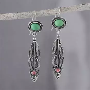 Популярные ретро-фолк-серьги, модные персонализированные серьги с перьями и бирюзовыми серьгами