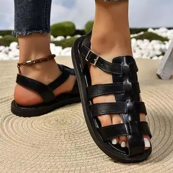 Популярные римские плетеные полые сандалии на плоской подошве, повседневная летняя женская обувь в римском стиле, черные сандалии с пряжкой Baotou, женские большие размеры 36 чёрный