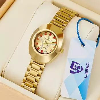 Популярные роскошные часы LIEBIG для пары, инкрустированные бриллиантами, кварцевые женские часы с гальваническим покрытием из золота, устойчивые к выцветанию