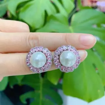 Популярные серьги-гвоздики из платины с розовыми бриллиантами, белые бусины из рябчика, серьги-иглы из серебра 925 пробы, модные серьги