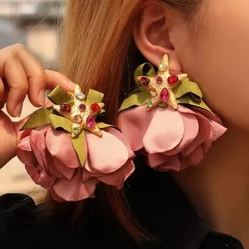 Популярные серьги ручной работы из ткани с цветком и бриллиантами в виде морской звезды, европейские и американские модные преувеличенные женские серьги