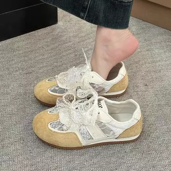 Популярные сетчатые кружевные дышащие немецкие кроссовки женские весна-лето 2025 новые балетки повседневные спортивные туфли Forrest Gump прилив 35 розовый