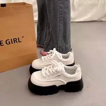 Популярные универсальные белые туфли Muffin, женские осенние туфли на толстой подошве 2024 года, новые увеличивающие рост повседневные спортивные туфли для женщин 35 чёрный